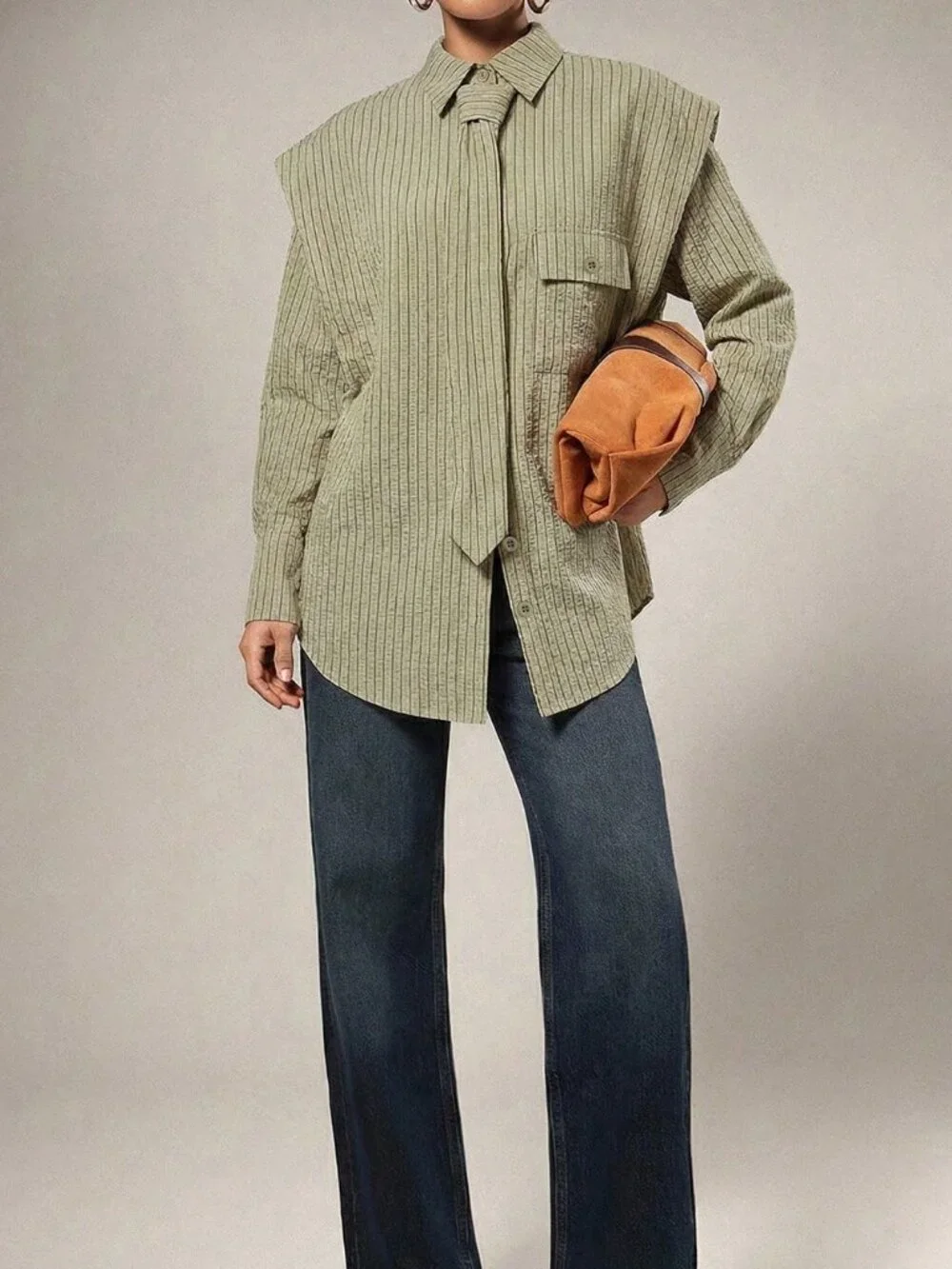 Multicolor Casual Women's Tie Front Exaggerated Shoulder Striped Shirt